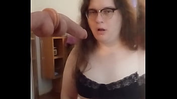Fat trans girl Junia deepthroats dildo and sucks her own cum off of it