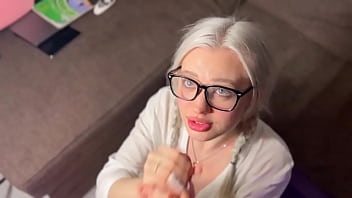 Cumshot on face of girl with white hair and small tits